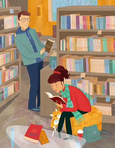 Violet Lemay, meetcute, couple in bookstore, YA art, YA book, kidlit illustrator, book cover artist