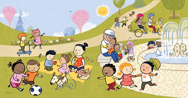Violet Lemay, children's book author/illustrator, children's book illustrator, park, happy people, diversity, diverse kids