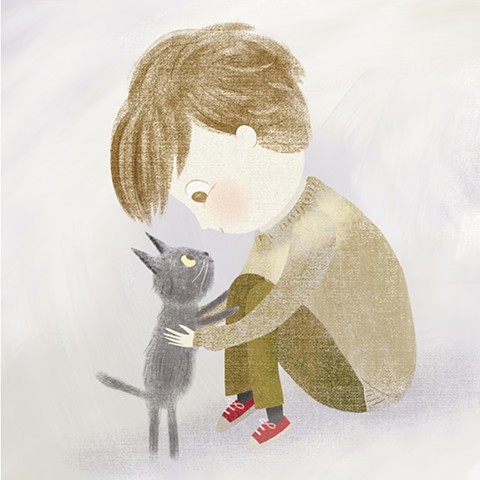 Violet Lemay, children's book illustrator, kidlitart, kidlit artist, book illustration, picture book illustration, kitten, boy with kitten