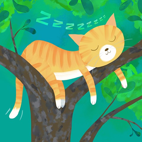 Violet Lemay, illustration, kidlit artist, illustrator, cat, cat sleeping in tree, picture book illustrator