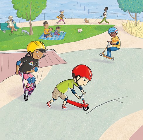 Violet Lemay, children's book illustrator, picture book illustrator, scooter, skate park