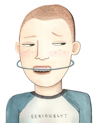 braces, tween boy, orthodontist, watercolor illustration, disdain, funny illustration