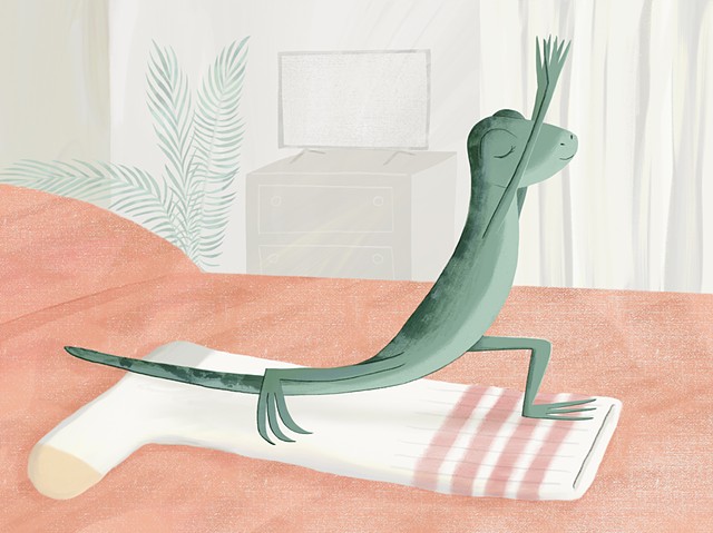 Violet Lemay, illustration, illustrator, kidlit art, picture book artist, cute illustration, lizard, yoga, lizard doing yoga