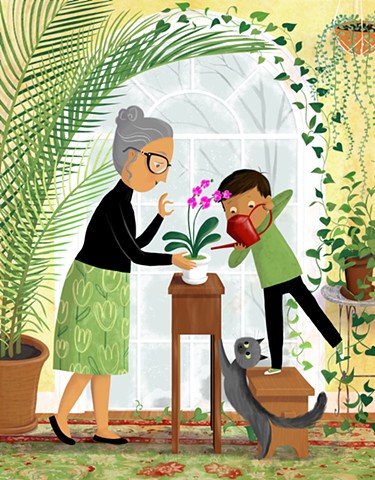Violet Lemay, illustration, kidlitart, kidlit, illustrator, indoor garden, green thumb, gardening, grandma