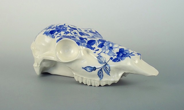 Blue on the Brain: stoneware sculpture with ceramic transfers