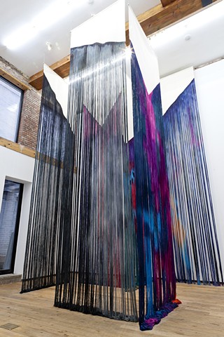 Hang Up |Solo Exhibition| Dodge Gallery, NY | 6 x unraveled and dyed canvas, stainless steel rod | 240 x 60 inches each, installation variable | Photo Credit: Carly Gaebe