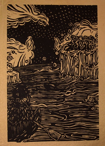 woodblock print illustration based on "Sealskin Soulskin," a story in the book "Women Who Run with the Wolves" by Clarissa Pinkola Estes, Ph.D.