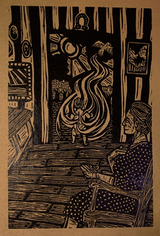 woodblock print illustration based on "The Three Golden Hairs," a story in the book "Women Who Run with the Wolves" by Clarissa Pinkola Estes, Ph.D.