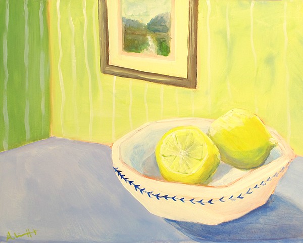 still life, lemons, blue and white, art