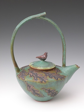 Bronze Green Stoneware Teapot with High Handle and Bird on Lid
