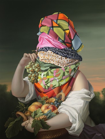 Various Floral and Plaid Fabrics: Young Girl Holding a Basket of Fruit (after Drouais)