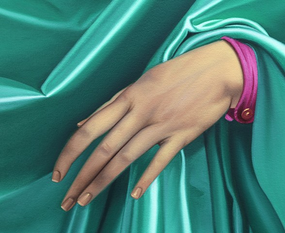 Hand of A Young Man in Green Satin Fabric, detail