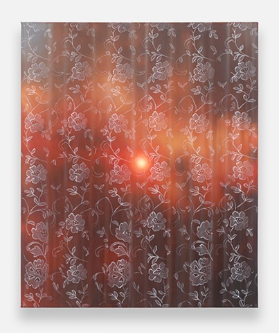 ‘Wildfire Sunrise Behind Floral Lace Curtain’