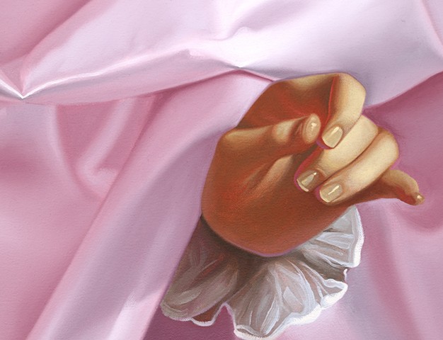 Hand of A Boy In Pink Satin Fabric, detail