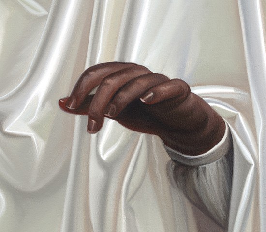 Hand of A Boy In Off White Satin Fabric, detail