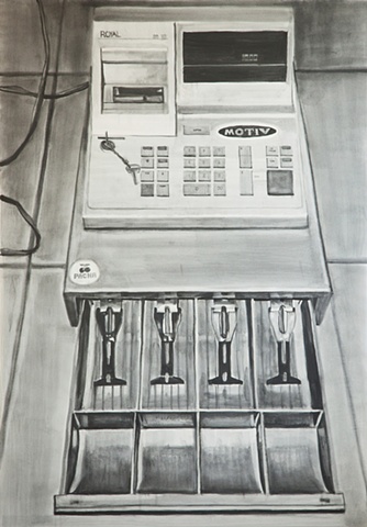 graphite wash drawing of a cash register system