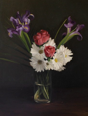 Vase with Pink Roses & Irises