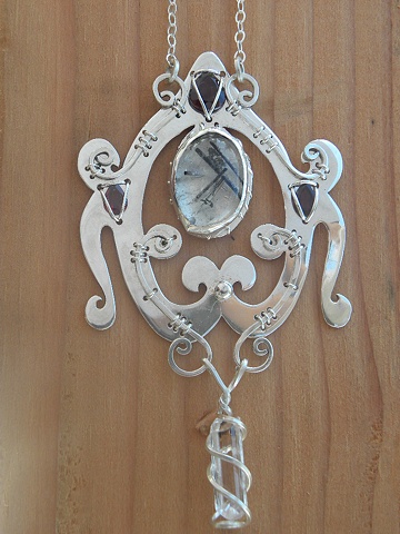 Baroque-Rococo necklace with sterling silver, tourmaline in quartz, garnet, and topaz