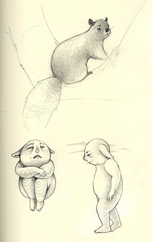 sketchbook page (squirrel and sad pigs)