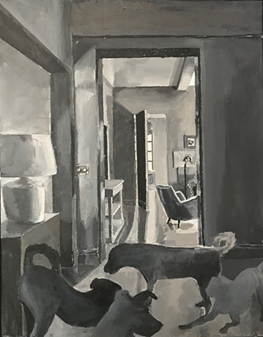 acrylic on panel of interior with animals