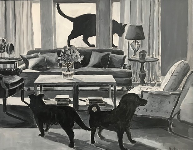acrylic on panel of interior with animals