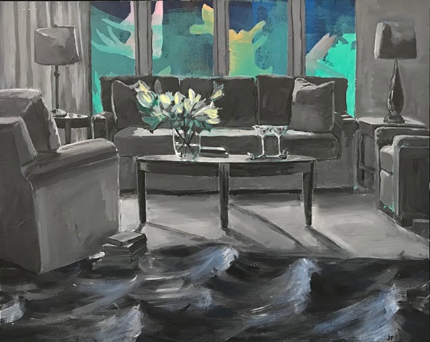 acrylic on panel of interior with water in foreground