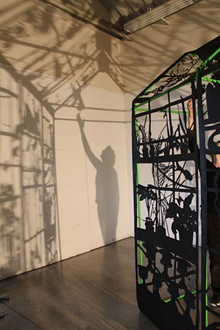 cut paper/ tyvek silhouette, pvc pipe, light and shadow