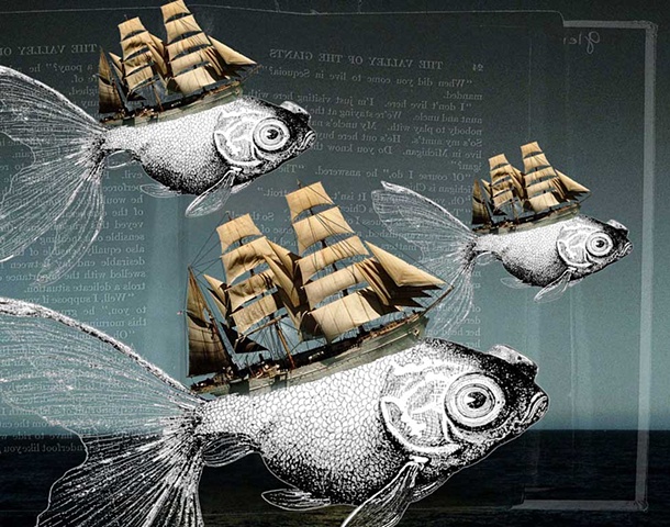 Pop Surrealism mixed media collage images. Fish Head sailing ships.
