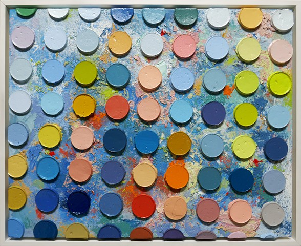 The Dance, abstract oil painting by Daniel Atyim featuring a  grid of raised, multicolored circles dominated by blue over a heavily textured blue surface with contrasting areas of pink, yellow, orange, and green.