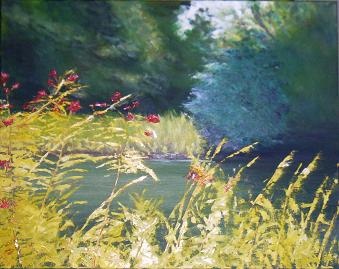 landscape,oil,original,pond,trees,flowers