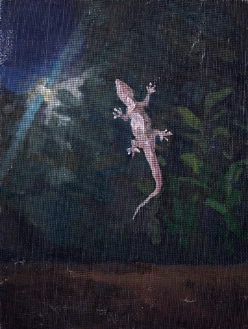 Gecko on Screen, 12x9in, oil and found screen on panel, available