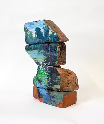 Impervious Nature, 14x9x4in, oil and construction adhesive on found brick, available