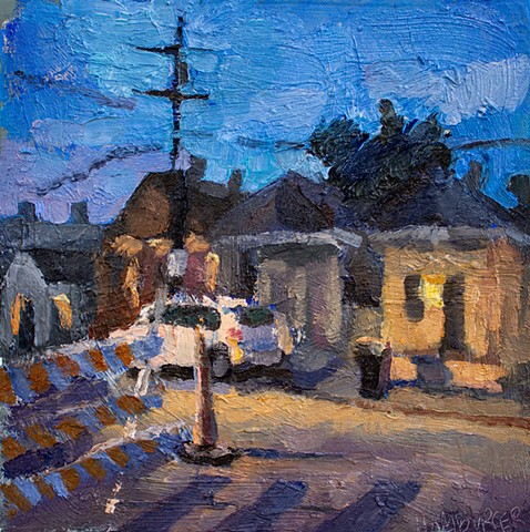 nocturne painting of a neighborhood at night, new orleans, impasto painting, oil on canvas
