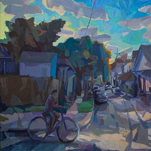 Biking Through Light Spots, 30x30in, acrylic and oil on canvas, available 