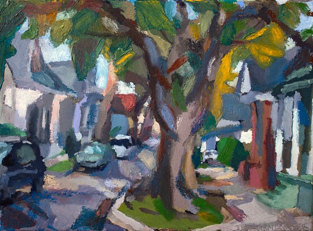 Plein air oil painting of a street in New Orleans. 