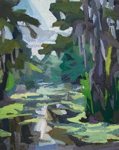 landscape painting of a bayou waterway with spanish moss