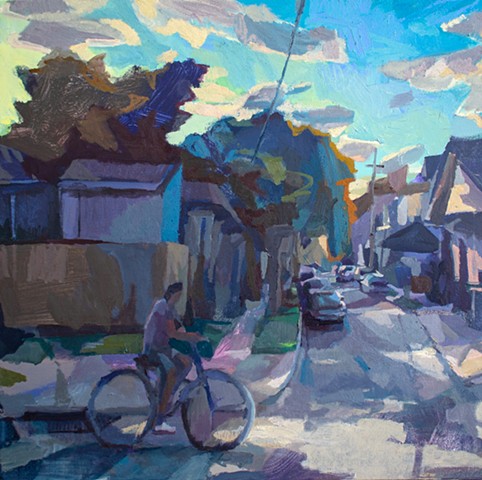 Biking Into Light Spots, 30x30in, acrylic and oil on canvas, available