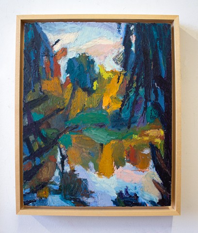 Painting of a water landscape with reflections at dusk. 