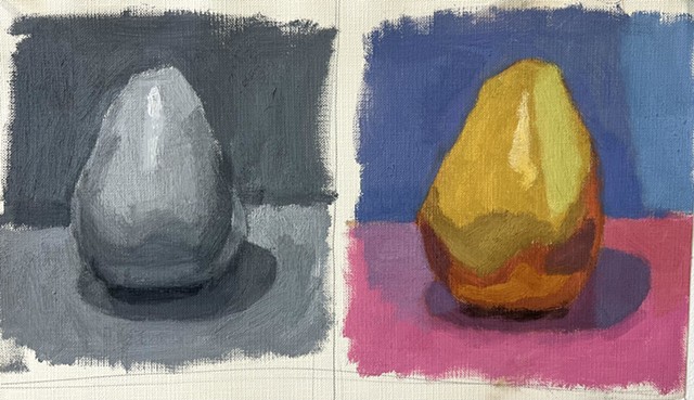 Value Pear/Color Spot Pear, 7x12in, oil on canvas paper, $150 
