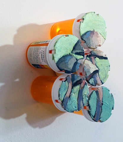 Psilocybin side angle, acrylic on pill bottles, 6x4x3in, sold