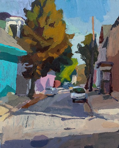 Plein air acrylic painting of a street in New Orleans. 