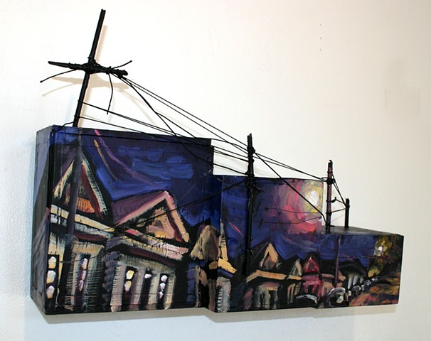Night Shotguns, 5in x 12in x 17in, oil on wooden boxes with mixed media