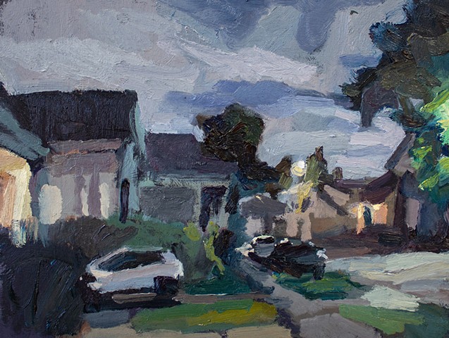 nocturne painting of a neighborhood at night, new orleans, impasto painting, oil on canvas