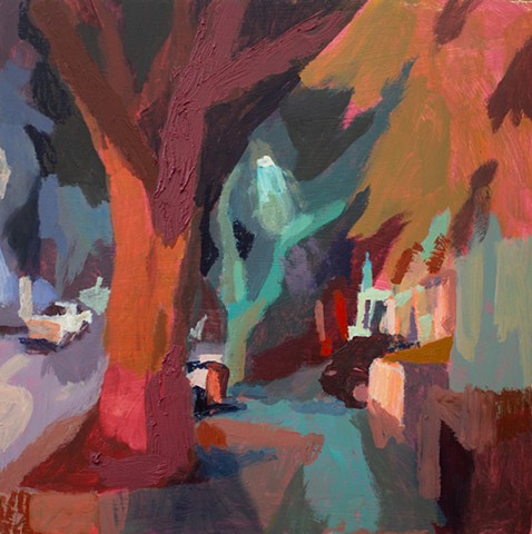 Sidewalk Drama, 12x12in, oil on panel, available