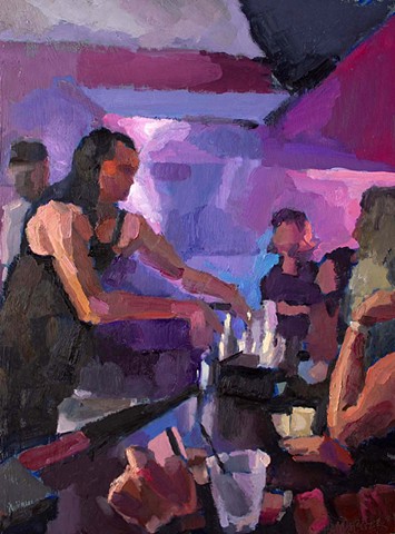 Tending Bar, 16x12in, oil on panel, available