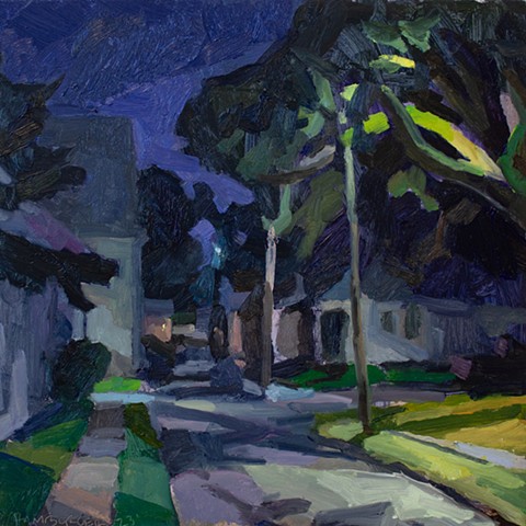 nocturne painting of a neighborhood at night, new orleans, oil painting