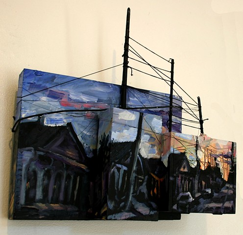 Fractured Street Perspective, 7in x 15in x 15in, oil on wooden boxes with mixed media
