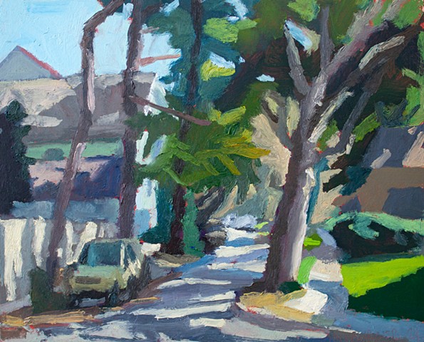 oil painting of a street with trees and shadows, new orleans art. 