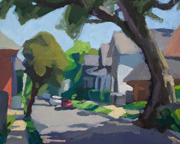 Plein air oil painting of a street in New Orleans. 