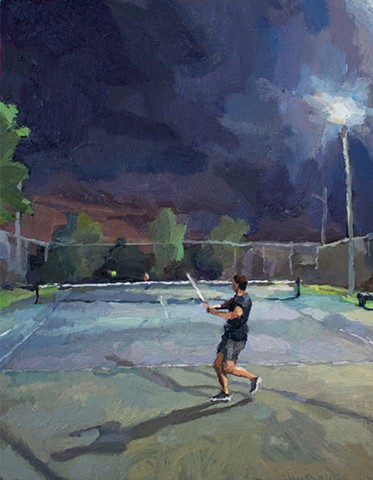 painting of a tennis player at night